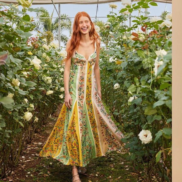 FARM Rio Multicolor Delicate Floral Stripes Lenzing Ecovero Euroflax Maxi Dress - Picture 1 of 5